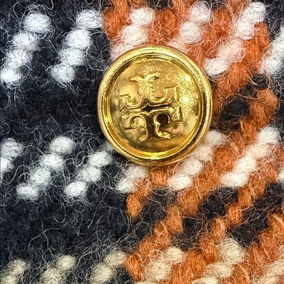 Tory Burch Black, Brown & Cream Plaid Sherpa-Trim Double-Breasted Pea Coat - Picture 5 of 9